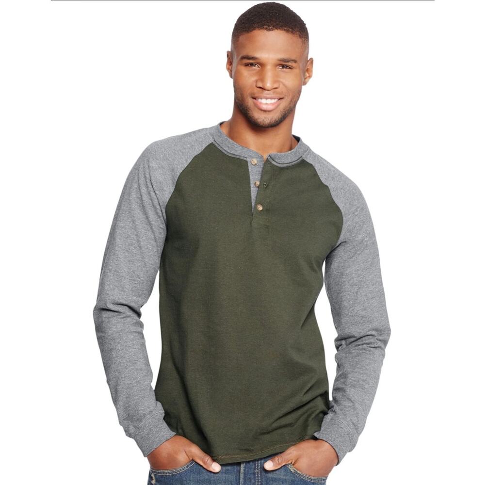 Hanes Beefy-T Long Sleeve Colorblock Henley Camouflage Green/Oxford Green XL